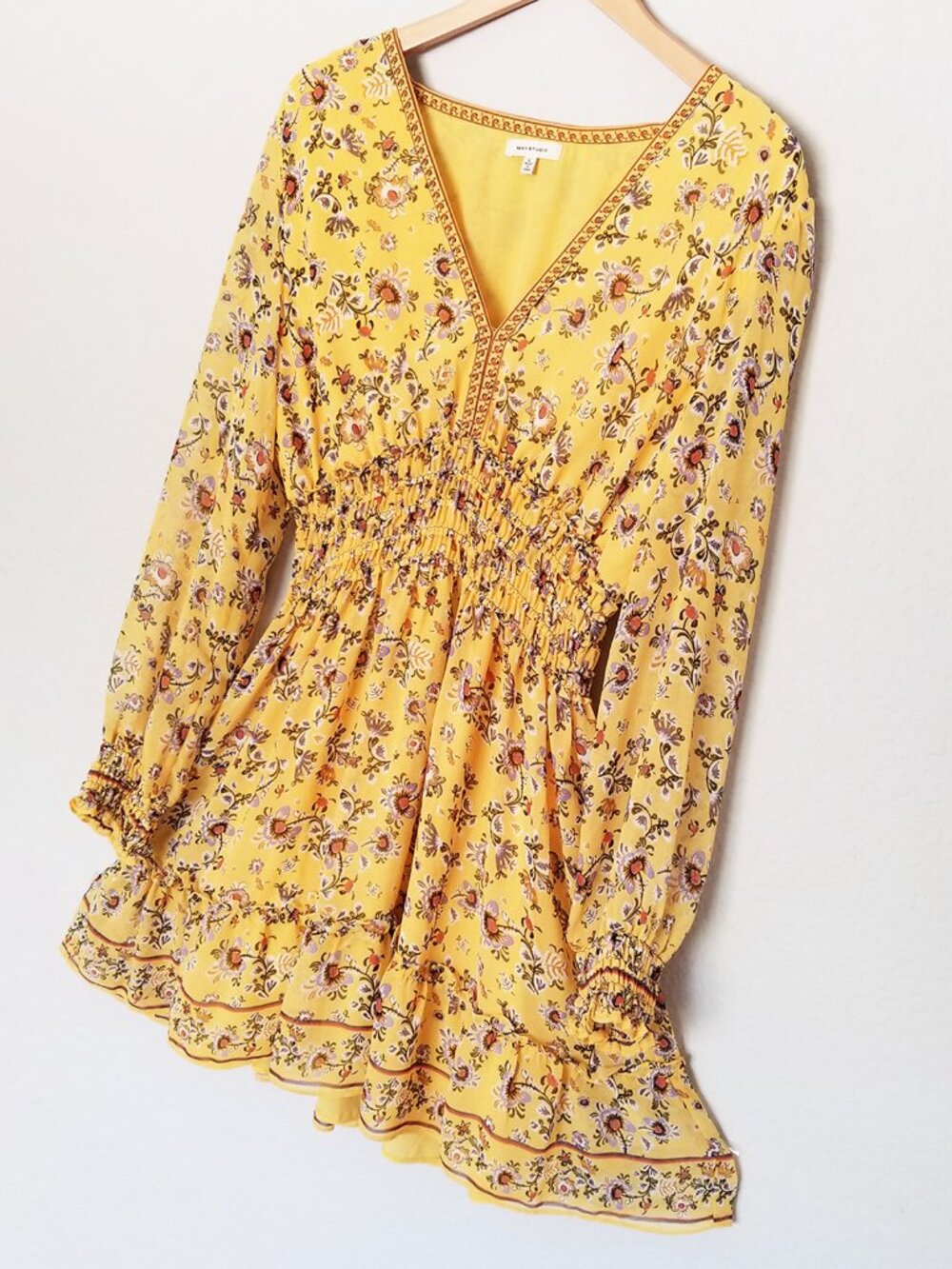Max Studio Yellow Floral Smocked Waist V-Neck Mini Dress Long Sleeve Size L - Picture 13 of 14